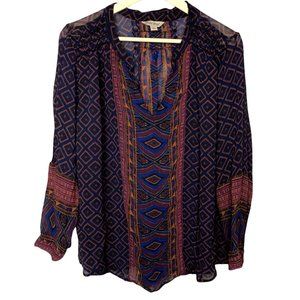 Lucky Brand Shirt Blouse Womens 2X Peasant Boho Flowy Sheer Blue V Neck Long Slv